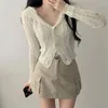 Magliette da donna Cardigan lavorato a maglia sottile Slim Fit tinta unita tinta unita manica lunga Kawaii Top corto Camicia da donna Y2k