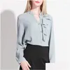 Womens Blouses Shirts Fall Spring Fashion Office Ladies Blue Navy Ruffles Long Sleeve Cardigan Chiffon Blouse Slim Loose For Women Dro Ot14B