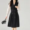 Casual Dresses Spring Summer Black Suit Collar Dress Women Spell Receiving Waist French Temperament Commuter Elegant Female Long