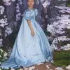 Niebieska satynowa elegancka sukienka kwiatowa na wesele puchową długość podłogi księżniczka suknia balowa dzieci Pierwsza komunia 2024 240312