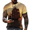 Vintage Men Ship T-shirts 3D Impresso Pirate Ship Crew Neck Camiseta de manga curta para homens Tops de grandes dimensões Camiseta Homme Camiseta X8Ot #