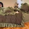 100 % Baumwolle, grün, gerüschtes Blumen-Bettwäsche-Set, Frankreich, Vintage-Bauernhaus-Bettwäsche, Bettdeckenbezug, Spannbettlaken, Kissenbezüge