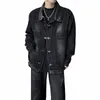 Reddachic 90 -talets mäns rumpa avgick denim Bomber Jacket Frayed Oversize Coat Distraed Black Hiphop Street Autumn Outwear O9uf#