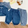 Conjuntos de roupas Moda Crianças Menino Denim Roupas Set 0-5years Criança Criança Cor Sólida Manga Longa Jaqueta Tops Jeans Bottom 2 PCS Outono