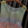 Men Women Sheer Bling Tank Tops Neon Crystal Rhinestones Shiny Sexy Sheer Y2K Rainbow Vest Party Club See Mesh Hollow Out Tops 240321