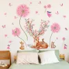 Adesivos rosa dandelion dos desenhos animados cervos coelho adesivo de parede removível vinil pvc decoração casa sala estar quarto