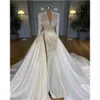 Size Vintage Pearls Plus Mermaid Wedding Dresses Bridal Gowns With Detachable Train V Neck Long Sleeve High Side Split Robe De