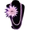 Choker Purple Pink Women Group Pearl Chain Warstwa jedwabna wstążka