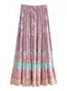 Saias Boho Queens Mulheres Hippie Verão Borla Elástica Cintura Vintage Saia Azul Floral Impresso Rayon Beach Bohemian Plissado Maxi