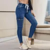 Женские джинсы повседневные брюки 2024 Эластичный сексуальный сухой карандаш для женских шнурки для эластичных модных джинсовой тка