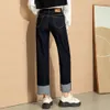 Jeans tubo de fumaça em forma de pêra para mulheres outono desgaste novo gordinho mm tamanho cintura alta efeito de emagrecimento coberto virilha borda encaracolada calças de perna reta