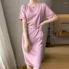 Party Dresses 2024 Satin Round Neck Long Summer Raglan Flapp Short Sleeve Midja Sopa Up Slim Fashion Elegant Plus Size Dress