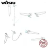 Stud Earrings WOSTU 925 Sterling Silver White Fire Opal Round For Women Double Studs Chain Long Tassel Earring Party Jewelry