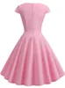 Rosa verão dres v pescoço grande swing vestido vintage robe femme elegante retro pin up festa escritório midi vestidos 240315