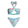 Women's Swimwear Ocean Print Neck Bikini Sexy Cutout Halter Swimsuit Fashion 2024 Long-Sleeved Blouse Beachwear Irregular Strap Cover