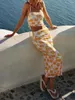 Tweedelige jurk dames rok set bloemenprint trekkoord hemdje met lange split zomeroutfit