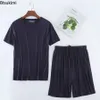 Mens Summer Casual Sleepwear Sets Solid HomeWear Suits 2pcs Modal Tshirt and Shorts Oversized Pajamas Male L8XL 240318