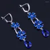 Boucles d'Oreilles Pendantes Magnifique Fleur Goutte d'Eau Bleu Oxyde de Zirconium Plaqué Argent V0812