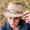 30stlye 100% Leather Men Western Cowboy Hat For Gentleman Dad Cowgirl Sombrero Hombre Caps Big Sizelarge Head 240311
