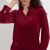 Chemisier élégant à col en v et velours doré pour femme, pull doux à manches longues, coupe ample, haut de printemps et d'automne