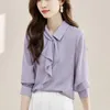 Blouses Femmes Col Écharpe Femmes Chemisier En Mousseline De Soie Tempérament À La Mode À Manches Longues Couleur Unie Bureau Dame Volants Chemise Violet Top