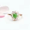 Cluster Rings Natural Green Hand Carved Water Drop Jade Ring Fashion Boutique Women's Flower With Adjustable Opening