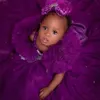 2024 Mor Dantel Kristaller Çiçek Kız Elbiseler Balo elbisesi Tül Zarif Lilttle Kids Doğum Günü Pageant Düğün Önlük