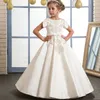 Robe à fleurs en Satin blanc ivoire pour filles, longue, manches courtes, col rond, broderie dorée, demoiselle d'honneur, anniversaire, eucharistie, 240312