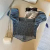 Blusas de mujer, camiseta Sexy de manga corta con hombros descubiertos, Camisa vaquera, blusa de verano para mujer, Top versátil ajustado francés Vintage 2024