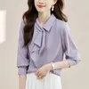 Blouses Femmes Col Écharpe Femmes Chemisier En Mousseline De Soie Tempérament À La Mode À Manches Longues Couleur Unie Bureau Dame Volants Chemise Violet Top