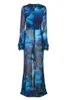 Partykleider Blaues Chiffon-bedrucktes Kleid Sexy Perspektive Würziges Mädchen Strandpullover Schnür- und Split-Mesh-Urlaubsbikini Langer Skir