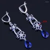 Boucles d'Oreilles Pendantes Magnifique Fleur Goutte d'Eau Bleu Oxyde de Zirconium Plaqué Argent V0812