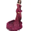 Sparkly Wine Sequin Feather Hem Prom Dresses Off The Shoulder Long Sleeve Black Girls Evening Gowns Burgundy Glitter Mermaid Special Occasion Dress