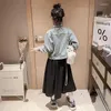 Set di abbigliamento Ragazza coreana Per bambini Primavera Autunno Abito a maniche lunghe Abito intero in denim irregolare Abito junior 2 pezzi 4-12 anni