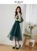 Work Dresses Vimly Korean Fashion Two Piece Sets Green Knitted Cardigan And Midi Mesh Skirt Womens Spring 2 Outfits Matching Set M3386