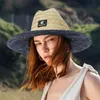 Breda randen hattar hink hattar Gemvie kvinnors livräddande hatt strandstrå hatt utomhus tryck bred brun panama sommarhatt j240325