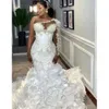 Aso Ebi Arabisch Oktober Plus Size Zeemeermin Witte Trouwjurk Voor Bruid Kant Kralen Tiers Organza Bruidsjurken Jurken ZJ es