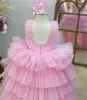 Sukienki dla dziewczynek elegancka różowa sukienka kwiatowa na weselne dzieciak o wysokim niskim stylu puszysty niemowlę Pierwszy urodziny Rok konkursów