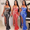 Robes décontractées QILI-Sangle de femme strass robe longue bleu noir rouge fête moulante haute fente