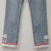 Jeans femininos 2024 primavera e verão em linha reta para mulheres estilo nacional pesado indústria contas retalhos borda azul denim calças