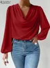 Zanzea moda camisa de cetim elegante blusa feminina outono swing colarinho manga longa topos casual sólido escritório trabalho blusas 240321