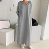 Casual Kleider Frauen Maxi Kleid Elegante V-ausschnitt Für Kordelzug Kapuze Einfarbig Herbst Weiche Atmungsaktive Dame Mit Lange