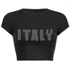 T-shirts Femmes Strass Lettre Summer Crop Top Punk Noir Y2K Streetwear Sexy T-shirt à manches courtes Femmes Slim Baby Tees Vintage 2000s