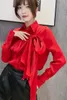 Women's Blouses Lace Up Big Bow Camisas For Woman Long Loose Causal Shirt 2024 Spring Sleeve Red Office Lady Chic Shirts Tops