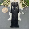 Casual Kleider Chic Bodycon Oansatz Gaze Schlitz Strass Kleid Langarm Frauen Elegante Koreanische Mode Vestidos Sommer Hüfte Wrap