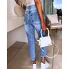 Women's Jeans Pocket Cutout Ripped Elegant Women Vintage High Waist Straight Hole Denim Pants Y2K Chic Boyfriend Trousers For