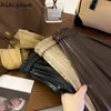 Brown pu läder veckad kort kjol för kvinnor faldas mujer de moda hög midja a-line mini kjolar vintage chic koreanska jupe 240314