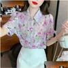 Womens Blouses Shirts High Quality Pearls Lapel Collar Floral Chiffon Shirt Women Tops 2023 Puff Sleeve Ol Elegant Blouse Blusas Camis Otxki