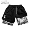 Shorts heren heren gecomprimeerde korte film anime printing dubbele laag 2-in-1 prestaties ademende snel drogende elastische training 24325