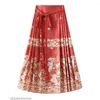 Spódnice chińska spódnica elegancka elegancka vintage Ming Style Women Maxi z kwiatowym nadrukiem wysokim talią seft krawat plisowany konia dla hanfu